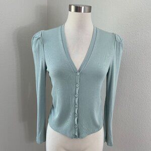 7 For All Mankind Womens Large Light Blue Ribbed Button Up Puff Sleeve Cardigan